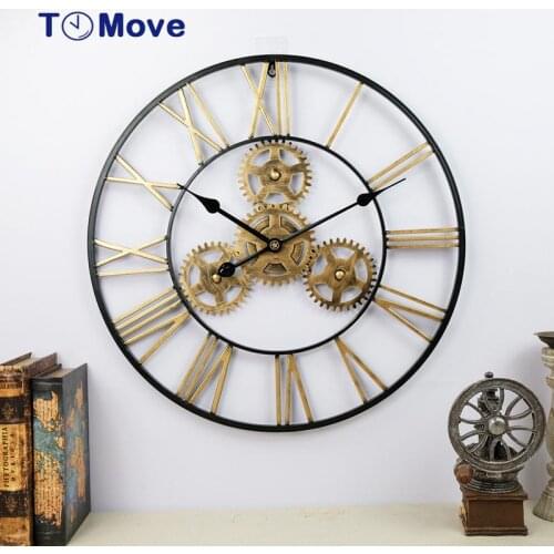 Retro Large Wall Clock Luxury Big Gear Vintage Oversized Wall Clocks For Living Room Decoration Gear Big Quartz Hanging Clocks