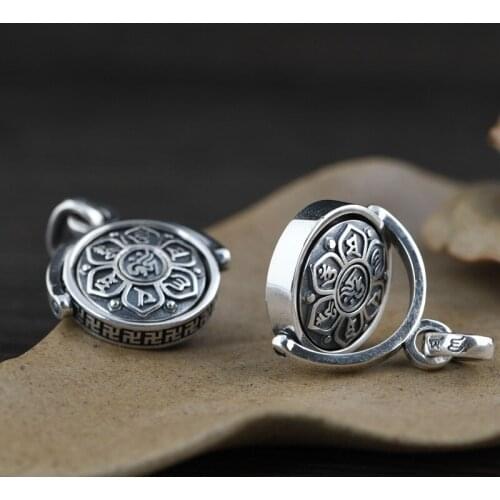 Pure 925 Sterling Silver Buddhism Spinner Rotating Charm Pendants for Men Women Fashion Six Words' Sutra Rotated Pendant Jewelry