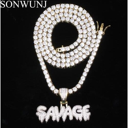 CZ Tennis Chain Hip Hop SAVAGE Letter Pendant Copper Micro pave with CZ stones Necklace CN040