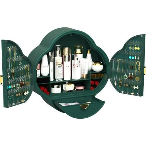 Chinese large capacity makeup organizer multi-functional punch-free cosmetic storage box dust-proof wall hanging plastic shelf