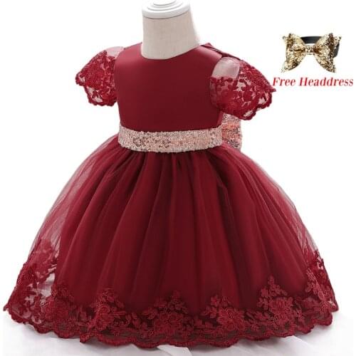 Summer Baby Sequined Bowkno Lace Princess Dress For Baby Girls 1 Birthday Party Dress Infant White Red Wedding Christening Dress