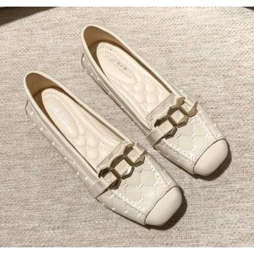 Womens Spring Loafers Oxford Lazy Square Flat Shoes Patent Leather Shallow Boat Shoes Female Metal Flats Slip On Driving Shoes