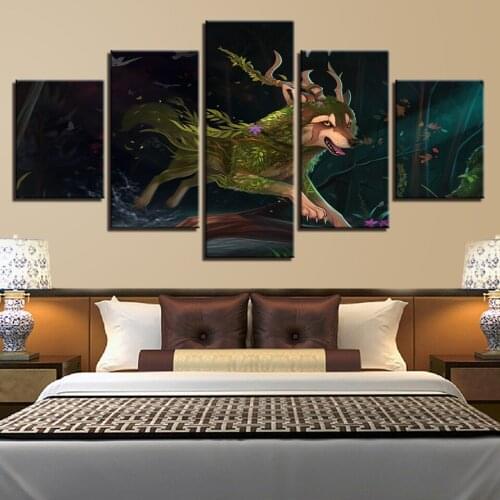 Picture Frame Modular Wall Art 5 Pieces Abstract Animal Wolf Running Night Scene Canvas Painting Decoration Modern Prints Poster