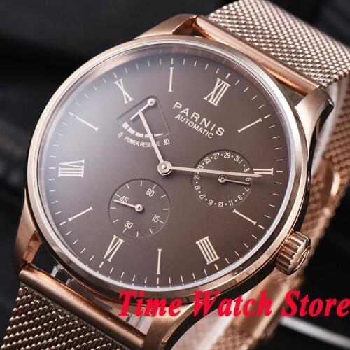 Parnis mens watch 42mm rose golden case Bracelet Power reserve coffee dial 5ATM ST1780 Automatic movement wrist watch men 943