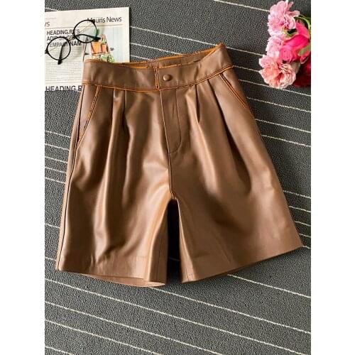 New Desinger Womens High-rise Lether pants High quality Genuine Leather Sheepskin Wide-leg Short pants B881