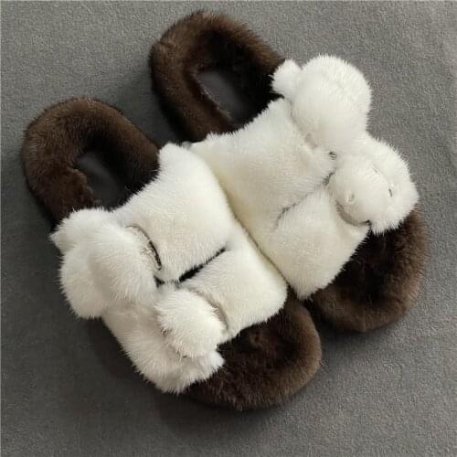 Women Genuine Mink Slippers 100% High Quality Slippers Home Flat Shoes Fast Girls Outdoor Slippers New Casual Collection