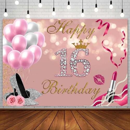 Sweet 16 Backdrop Girl Happy Birthday Party High Heel Balloon Lipstick Pink Photography Backgrounds Photo Studio Photozone Props