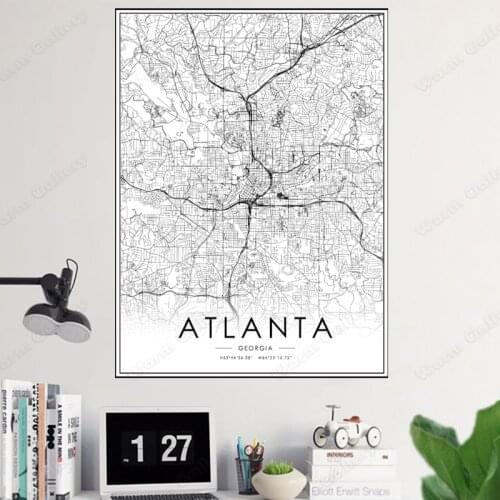 Map Modern Black and White Georgia Atlanta World City Map Canvas Painting Poster Print Wall Art Home Decoration