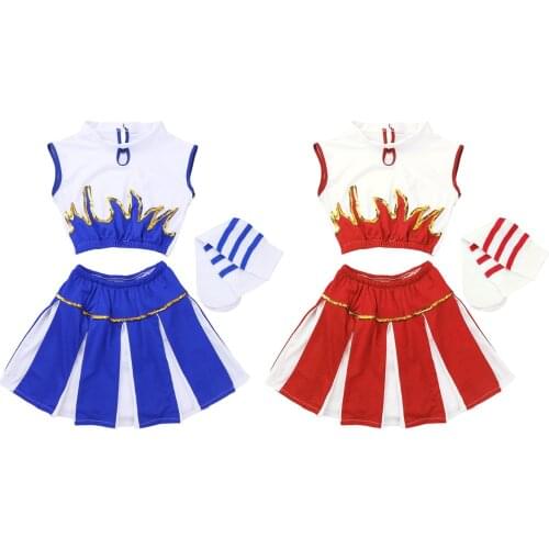 Girls Cheerleader Uniform Kids School Stage Performance Costume Sleeveless Crop Top + Skirt + Socks Cheerleading Clothes Set