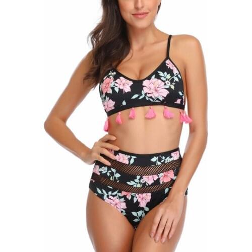 Vintage Womens Sexy Bikini Set Floral Print Two Pieces Swimsuit High Waist Swimwear Tassel Bathing Suit Beachwear S M L XL