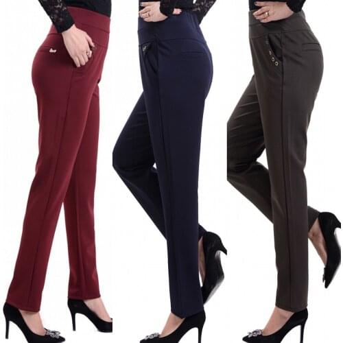 Plus Size 5XL Middle-old Age Women Trousers 2020 Spring Autumn High Waist Elastic Straight Button Lady Casual Pants Solid W790