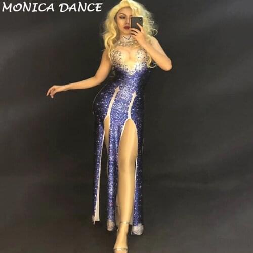 Women Sexy Stage Diamond Long Violet Dress Sparkling Crystal Costumes Nightclub Birthday Party Stage Wear Dancer Singer Costumes