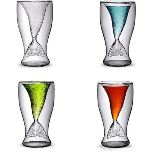 10pcs Creative Mermaid liquor cup double bar wine beer cocktail glass lead-free fish tail cup for bar Disco Party Decorations