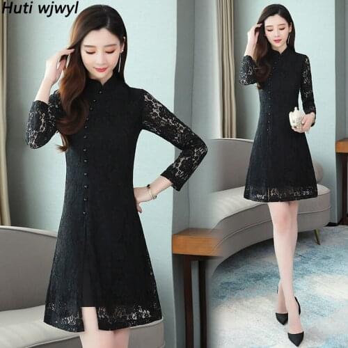 2021 Vintage Black Lace Chinese Style Lady Dress Autumn Winter Plus Size Sexy Women Bodycon Dress Elegant Party Casual Vestidos