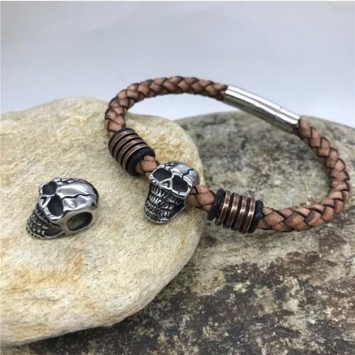 6.2mm Hole 316l Stainless Steel Engrave Vintage Skull Bead Fit Original Charm Leather Bracelet Necklace DIY Jewelry Making
