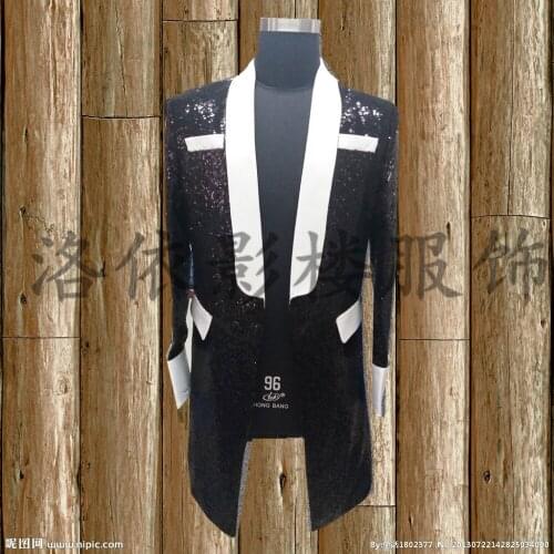 Black sequind white collar long medieval jacket vintage stage performance/dance/studio/club jacket/blazers