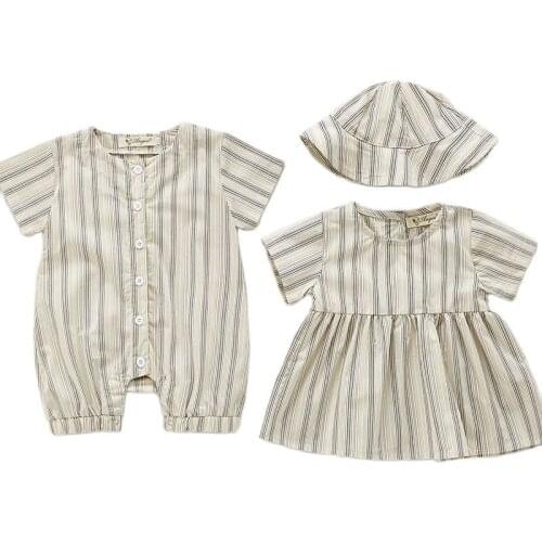 Baby Clothes Baby Girl Baby Short Sleeve Dress Vertical Stripe Rompers Newborn Overalls Clothes Baby Boys Short Rompers And Hat