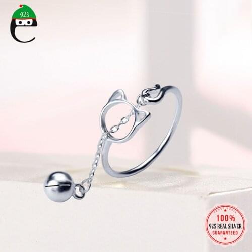ElfoPlataSi Authentic 925 Sterling Silver Fashion Sweet Cat Chain Bell Open Finger Ring For Women Wedding Jewelry Gift DD720