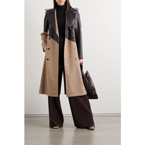 End 9.25 Custom High Contrast color Patchwork Genuine Leather With Belt Long Sheepskin Trench Coat 2021 Autumn New