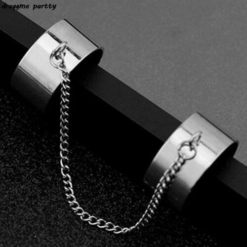 Korean Personality 2 Connecting Finger Ring Punk Stainless Steel Chain Finger Knuckle Opening Rings for Women Men Jewelry