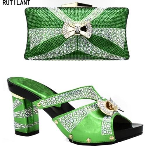 Latest Green Color African Matching Shoes and Bags Italian In Women Italian Shoes and Bags To Match Shoe with Bag Set with Stone