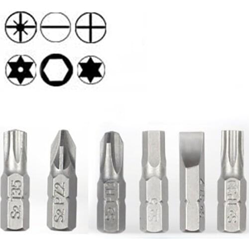 10pcs / lot 25mm Torx Screwdriver Bit Set 1/4 Hex Shank Hex Pozi Star Phillips Slotted Torx with hole Hexagon Screw Driver Bits