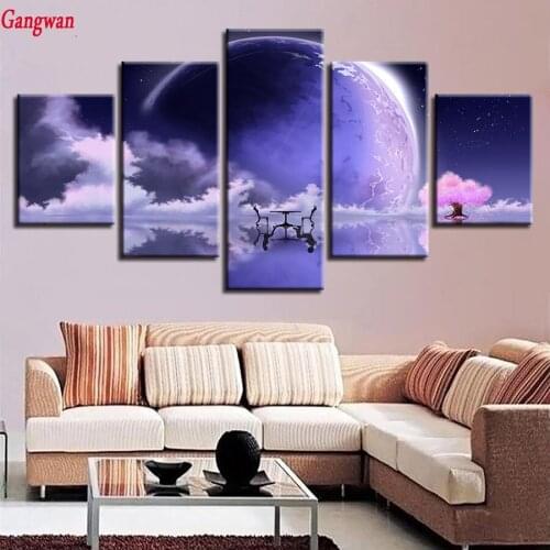 Diamond Embroidery 5 Pieces Purple Moon Earth Reflection picture Diamond Painting Cross Stitch Kits DIY Diamond Mosaic pink tree