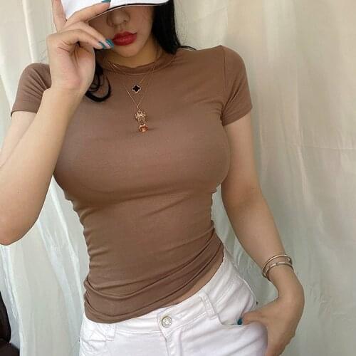 New Korean Style Cotton Summer T-Shirt Women Short Sleeve Womens T-shirts Slim Fashion O Neck Elastic Solid Base Tee Tops 13961