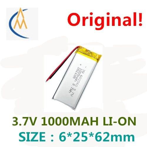 New sufficient capacity polymer li-ion battery 3.7 V 602562 1000 mah MP4 GPS mobile phone audio toy test