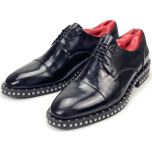 Wholesale New Rivet Derby Shoe Black Wedding shoes Genuine Leather Formal Dress shoes for men High-End Lace up Mens shoes