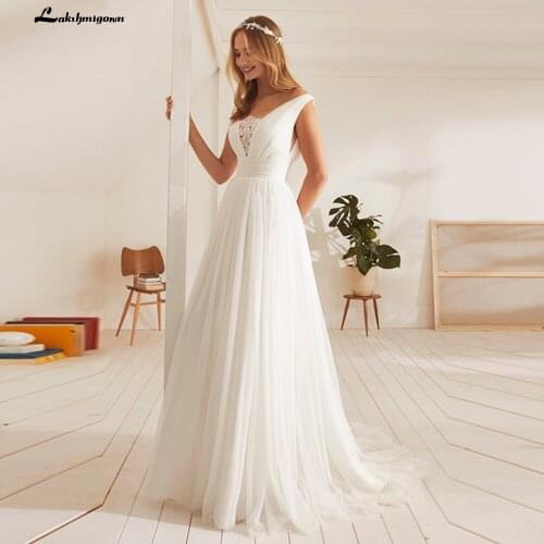 White Ivory A Line Wedding Dresses Open Back Sleeveless V Neck Pleat Tulle Lace Bridal Gowns Robe Sweep Train Robe De Mariee New
