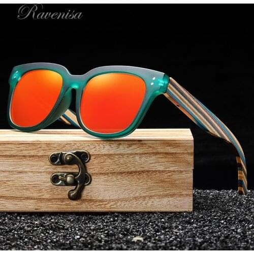 RAVENISA Vintage Wooden Sunglasses For Men Women With Polarized Lenses Colorful Plastic Stripde Wood Eyewear Driving Goggle