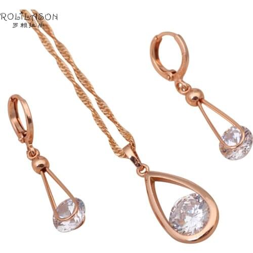 ROLILASON Zirconia sets Fashion Jewelry Delicate shape design Rose gold tone Earrings Necklaces Pendants JS191