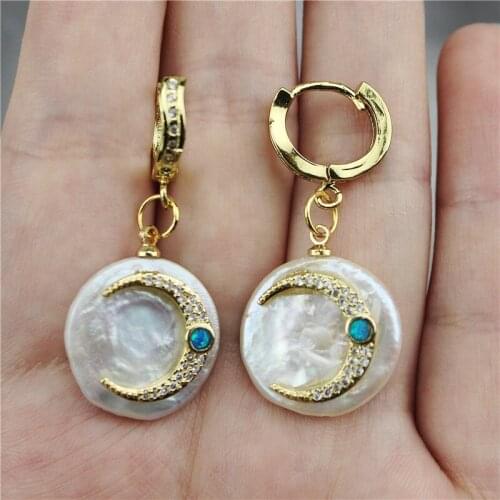 5pair/lot Cz moon shape inlay freshwater pearl pendant earring,natural freshwater pearl with cz charm earring wholesale