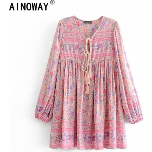 Vintage chic Women pink floral print tassel beach Bohemian mini dress Ladies Summer Boho rayon happie dress vestidos