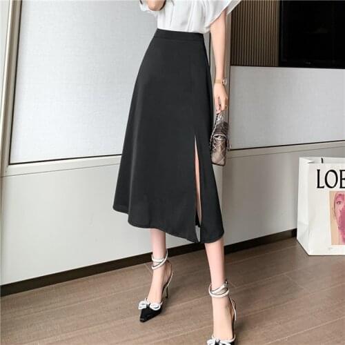 Split Mid-length Skirt Womens Fashion Midi Skirt Young Women Simple A-line Long Skirt Office Lady Umbrella Skirts BSQ318