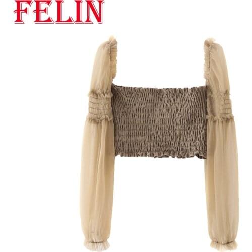 FELIN 2021 Womens Blouses Za Fashion Double-layer Stretched Elastic Mesh Spliced Dames Shirts Fashion Mujer Crop Tops