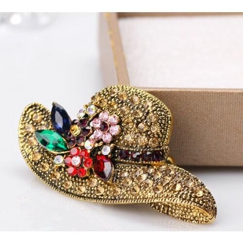 Beautiful Gold-color Straw Hat Brooches with Colorful Rhinestones Flower Women Girls Brooch Pins Jewelry Wedding Decoration 5cm