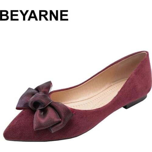 BEYARNE2020 spring autumn new fashion women flock flat shoes ladies butterfly-knot pointed toe shallow shoes for flat women