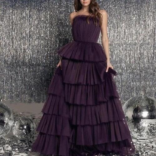 2021 Tiered Strapless Tulle Prom Dresses Long Sleeveless A Line Formal Evening Party Gowns Women Robe De Soiree