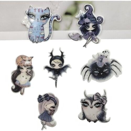 50pcs 7 Styles Mixed Halloween Little Girls Witch Cat Spider Owl Flatback Planar Resin Cabochon DIY Craft Embellishments