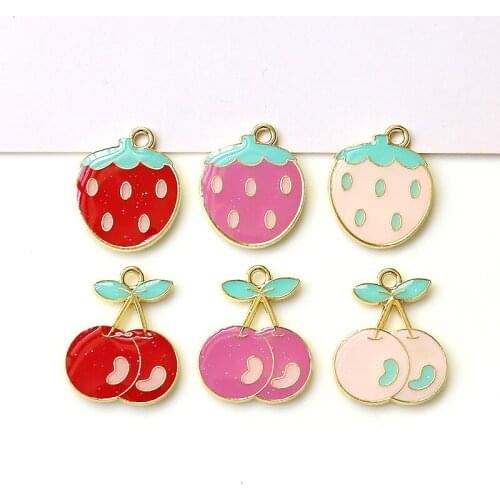 50pcs/lot color drop oil cartoon Strawberry cherry shape alloy floating locket charms diy jewelry earring/garment accessory