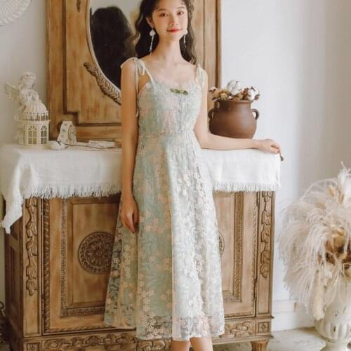 5170# French Chic Floral Embroidered Long Dress Spaghetti With Mesh Stitching Summer Fashion Party Dress 2021 Women Vestidos