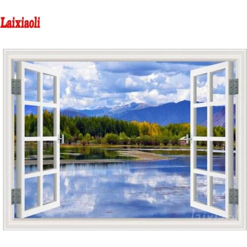 5D DIY Diamond Painting tree Lake Blue Sky Scenery Full Diamond Embroidery Window outside view Cross Stitch Mosaic Home Decor
