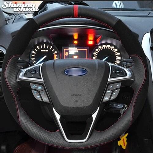 Shining wheat Black Genuine Leather Hand Sew Wrap Car Steering Wheel Cover for Ford Mondeo Fusion 2013-2019 EDGE 2015-2019
