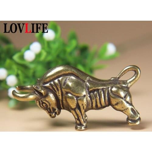 Retro Brass Zodiac Wall Street Bull Lucky Pendant Necklace Pure Copper Animal Bull Car Keychain Hanging Trinket Birthday Gifts