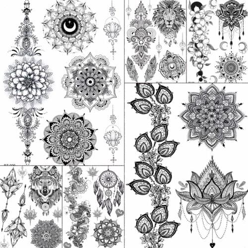 YURAN Hot Boho India Mandala Henna Flower Women Chest Ear Tattoos Stickers Girls Fake Temporary Tatto Waterproof Custom Tattoo