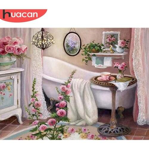HUACAN DIY 5d Diamond Painting Bathroom Handicraft Diamond Embroidery Landscape Mosaic Flower Wall Art Home Decor