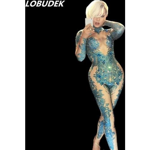 Blue Crystals Jumpsuits bodysuit Outfit Female costumes performance DJ DS show sexy Leotard Singer Dance Nightclub stage