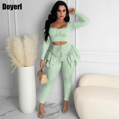Green Ruffle Two Piece Pants Set for Ladies Long Sleeve Crop Top and Pencil Pants Sets 2 Piece Outfits Autumn Set Womens Suit